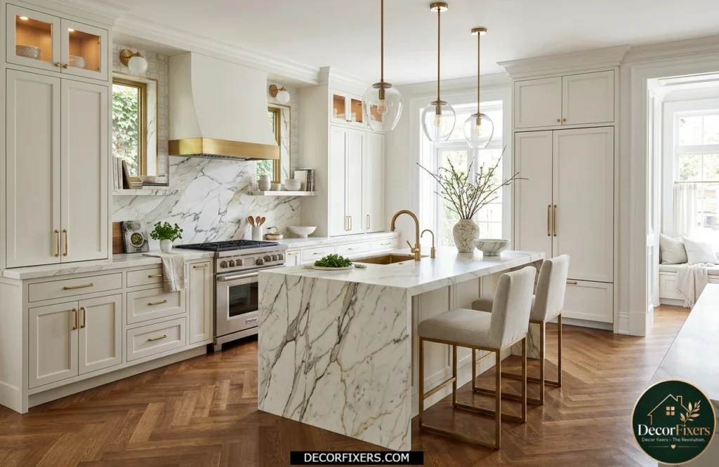 Luxury white kitchen featuring Calacatta marble countertops and a waterfall island