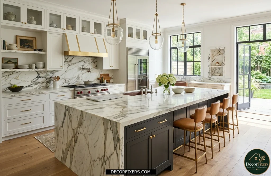Luxury marble kitchen island with elegant veining and premium finishes.