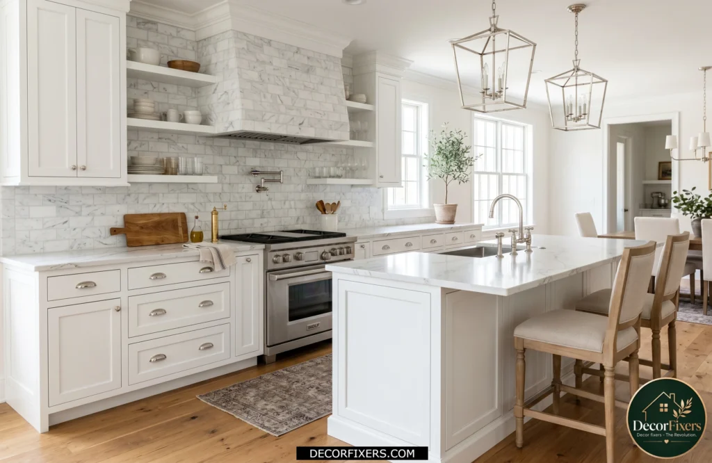 Marble subway tile backsplash paired with white cabinets and stone countertops.