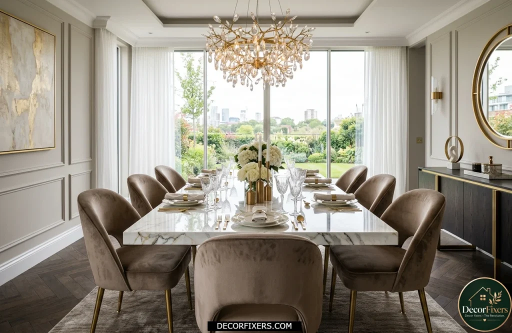 Modern luxury dining room with marble-top rectangular dining table and velvet chairs