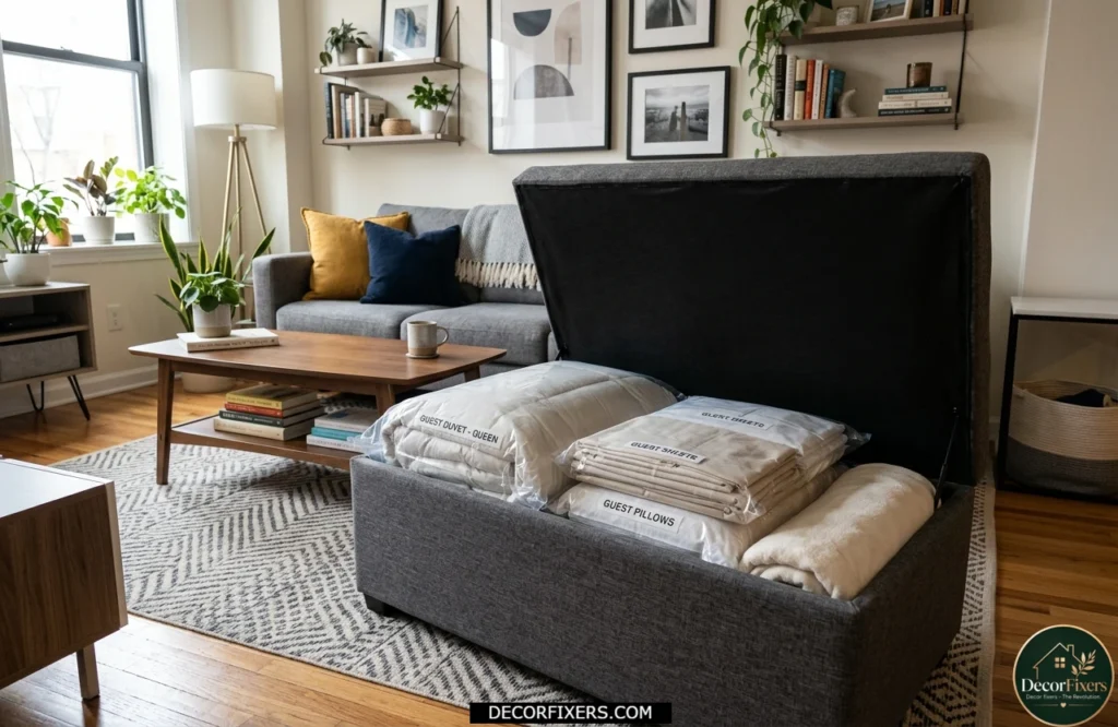 Large storage ottoman used for guest bedding and extra linens