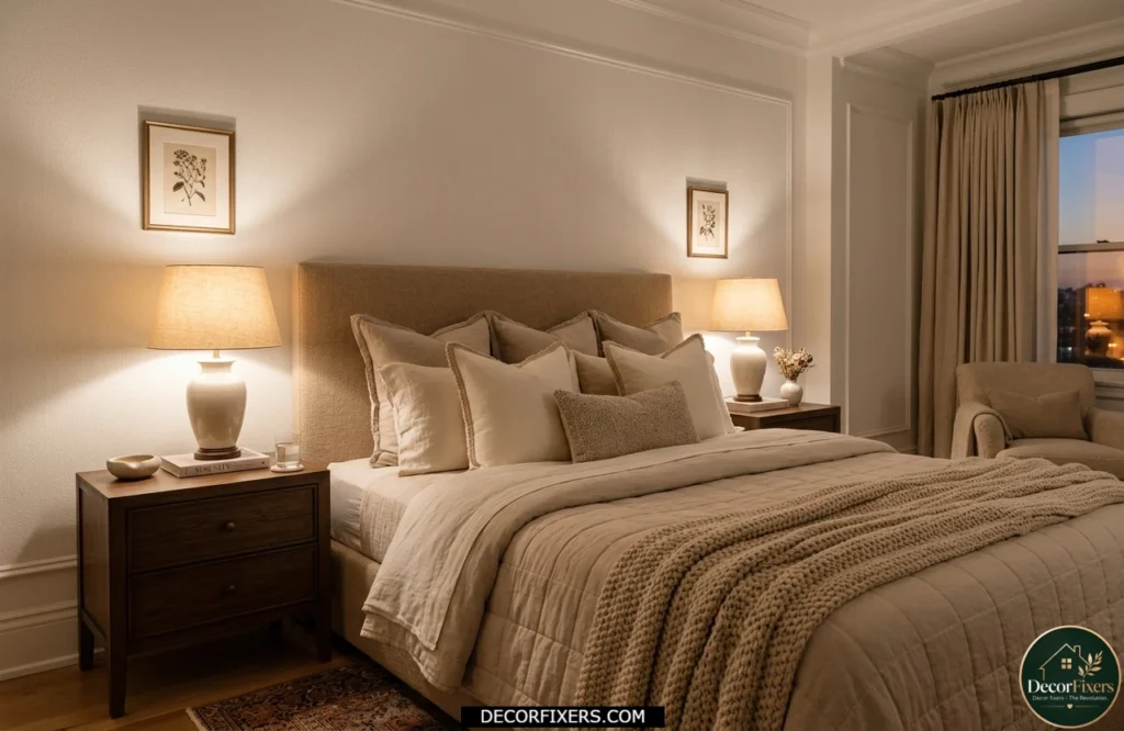 Matching bedside lamps creating a balanced and cozy hotel-style bedroom