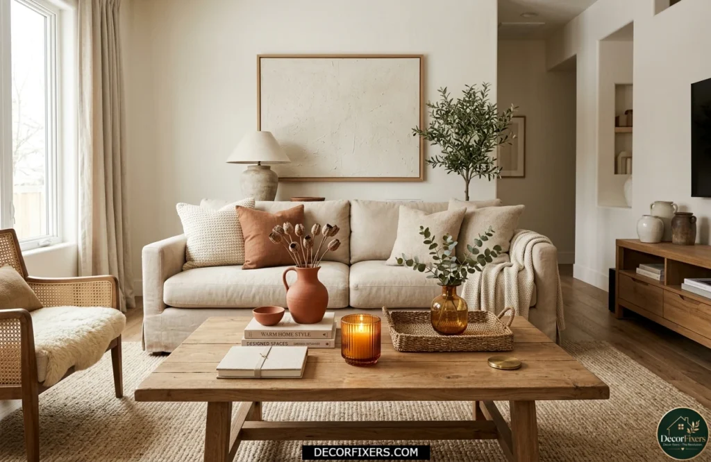 Coffee table decor coordinated with living room color palette