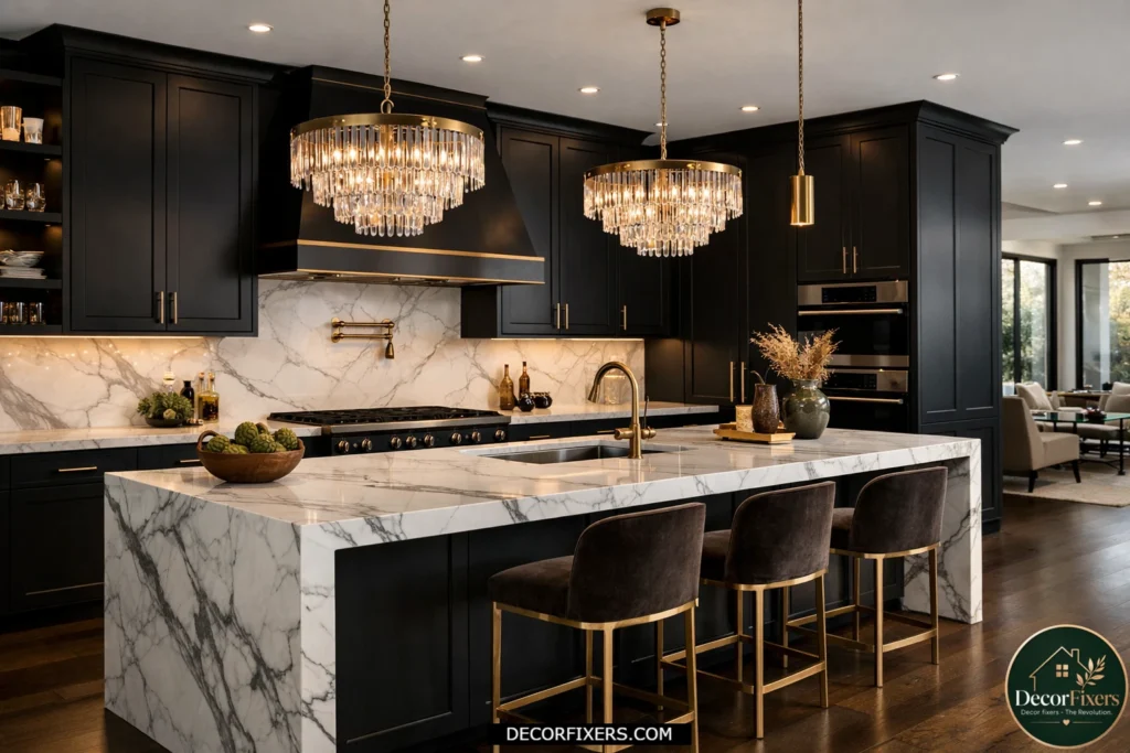Luxury matte black kitchen cabinets with marble countertops