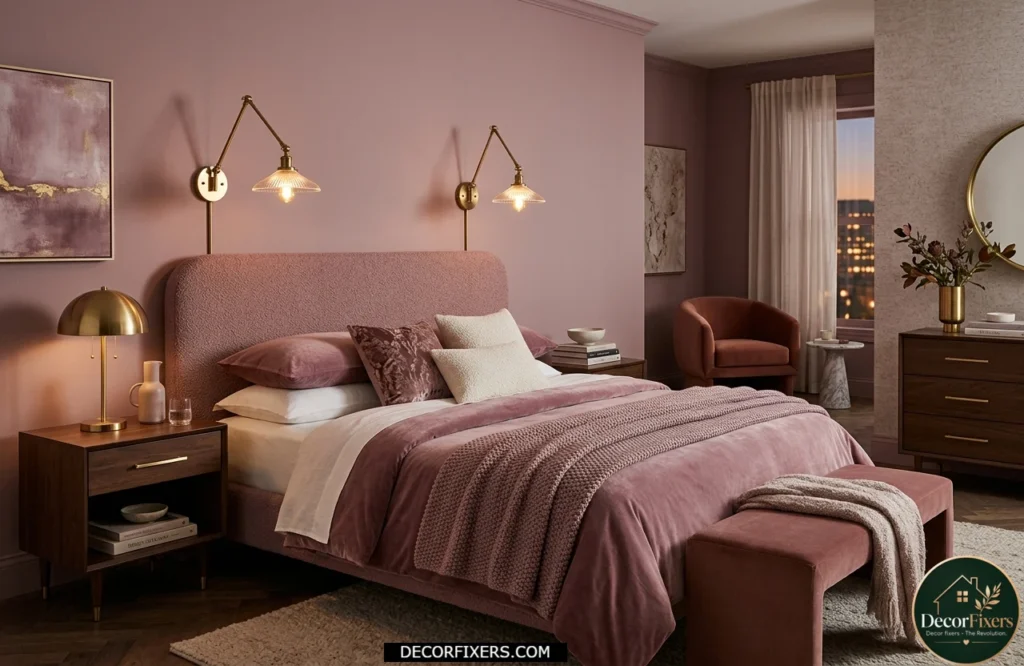Mauve pink bedroom with boucle headboard and brass lighting details.