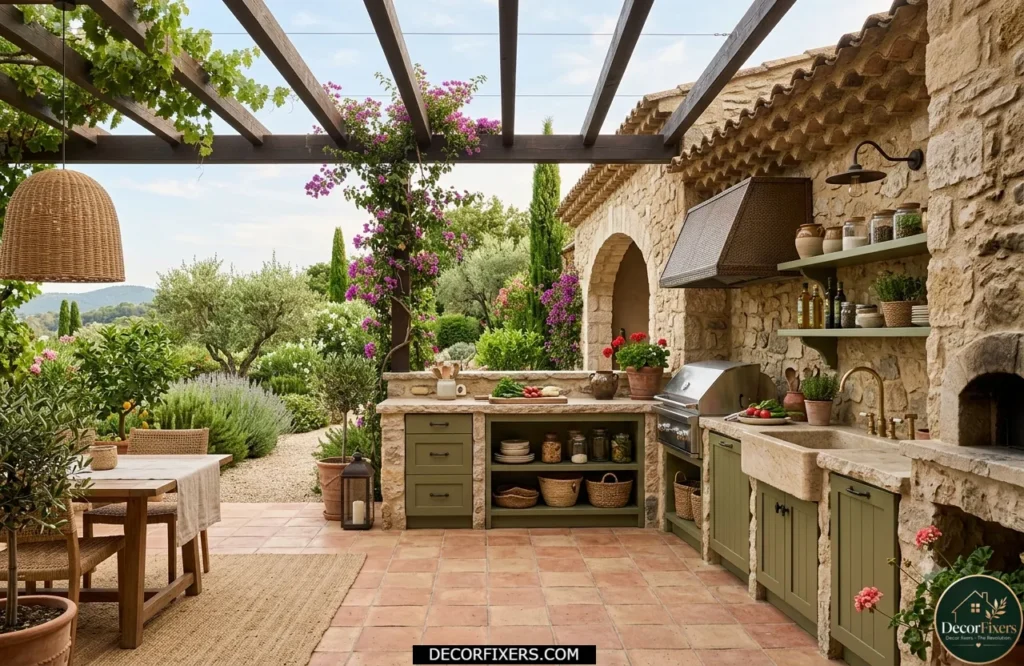 Mediterranean-style outdoor kitchen with stone and olive tones
