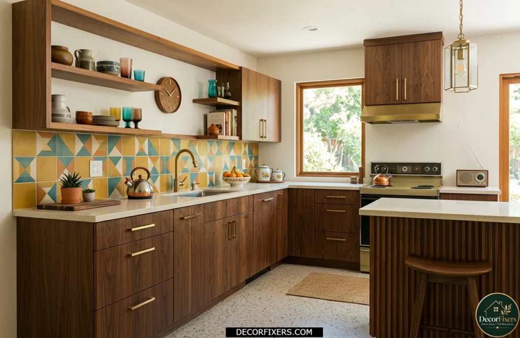 Mid-century modern walnut kitchen with teak accents, brass hardware, and geometric backsplash tiles.