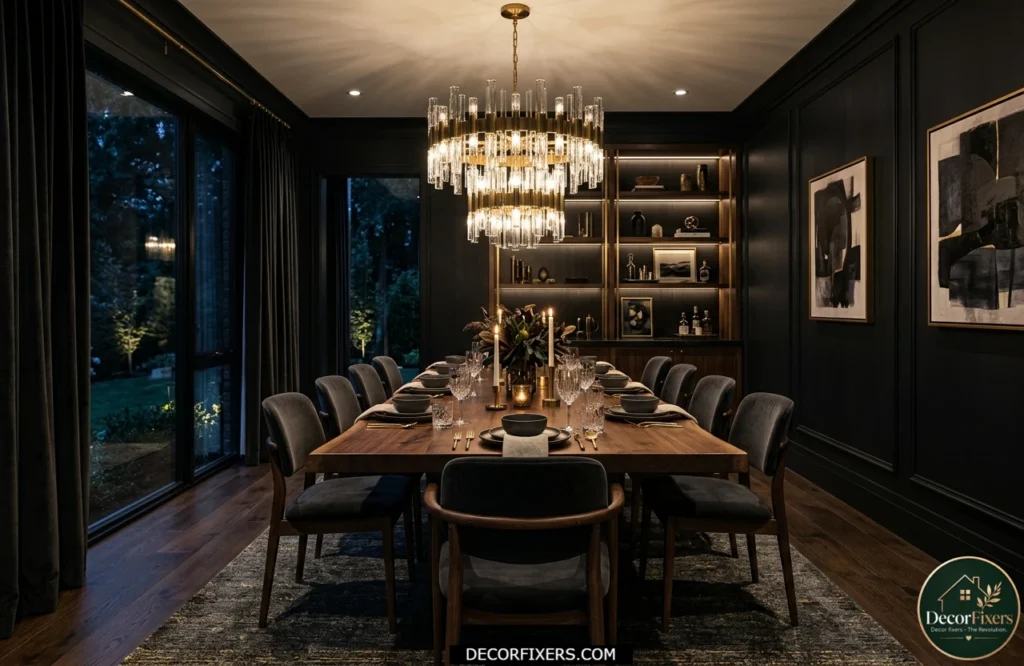 Midnight black dining room color idea with bold contemporary styling