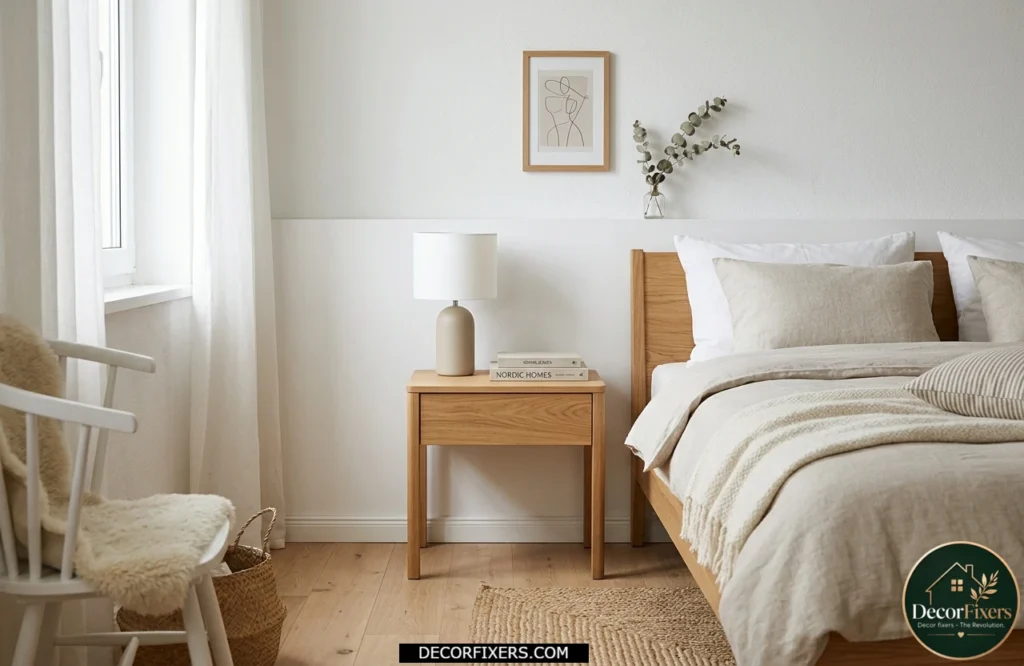 Scandinavian bedroom with an uncluttered oak nightstand and simple minimalist styling.