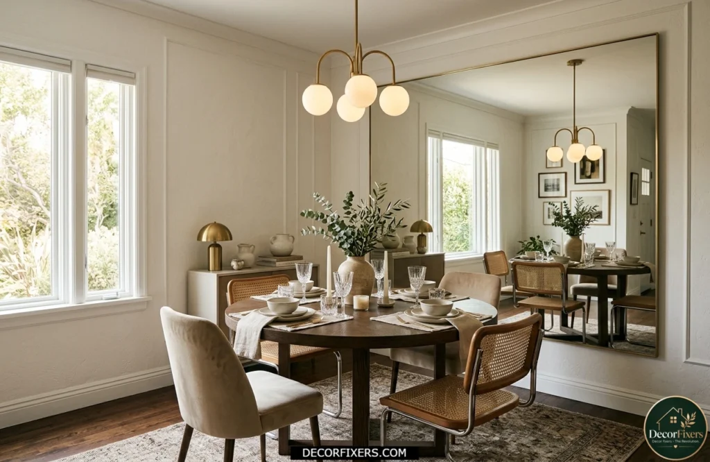 Large mirror and pendant lighting enhancing the perception of dining room space