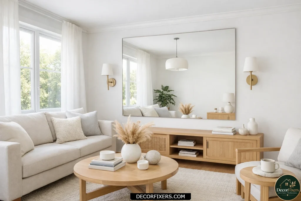 Large mirror and natural light making a small living room appear brighter and larger
