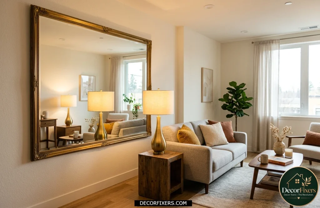 Decorative mirror reflecting light to brighten a small living room.