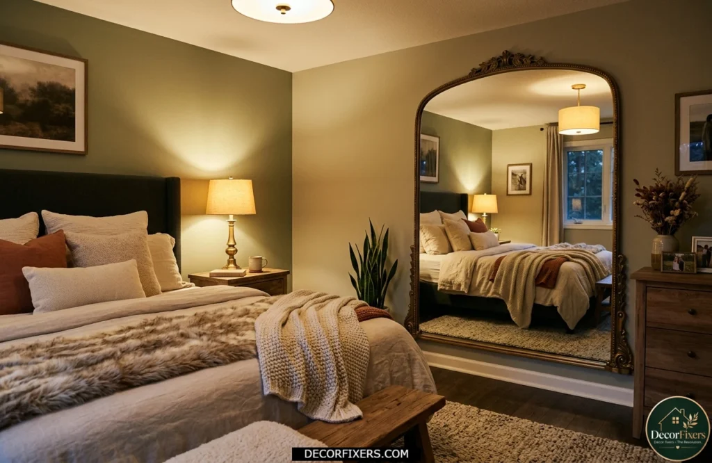 Mirror reflecting warm bedside lighting throughout a cozy bedroom