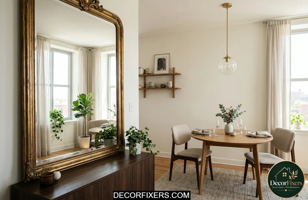 Tiny dining room ideas for apartments featuring a large mirror for visual space