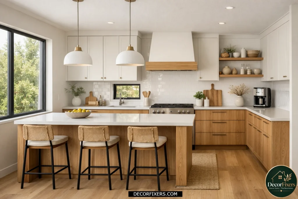 Kitchen with wood lower cabinets and painted upper cabinets