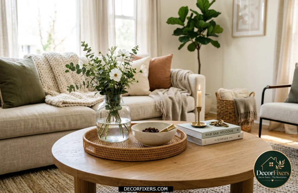Round coffee table styled with woven, ceramic, glass, and metal accessories for layered texture.