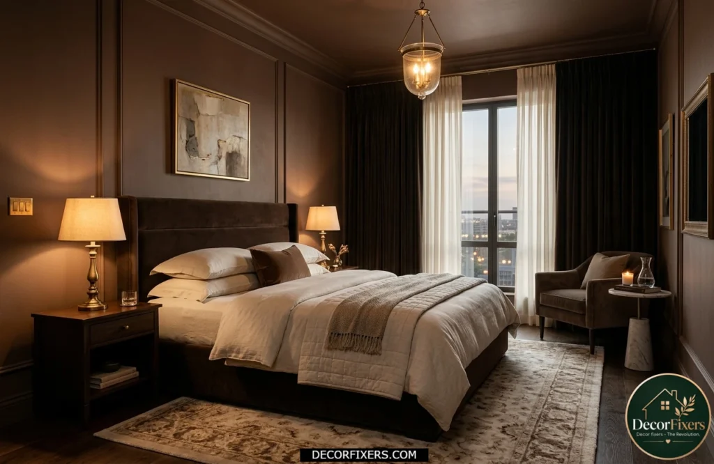 Mocha brown bedroom with luxury hotel styling and warm ambient lighting.