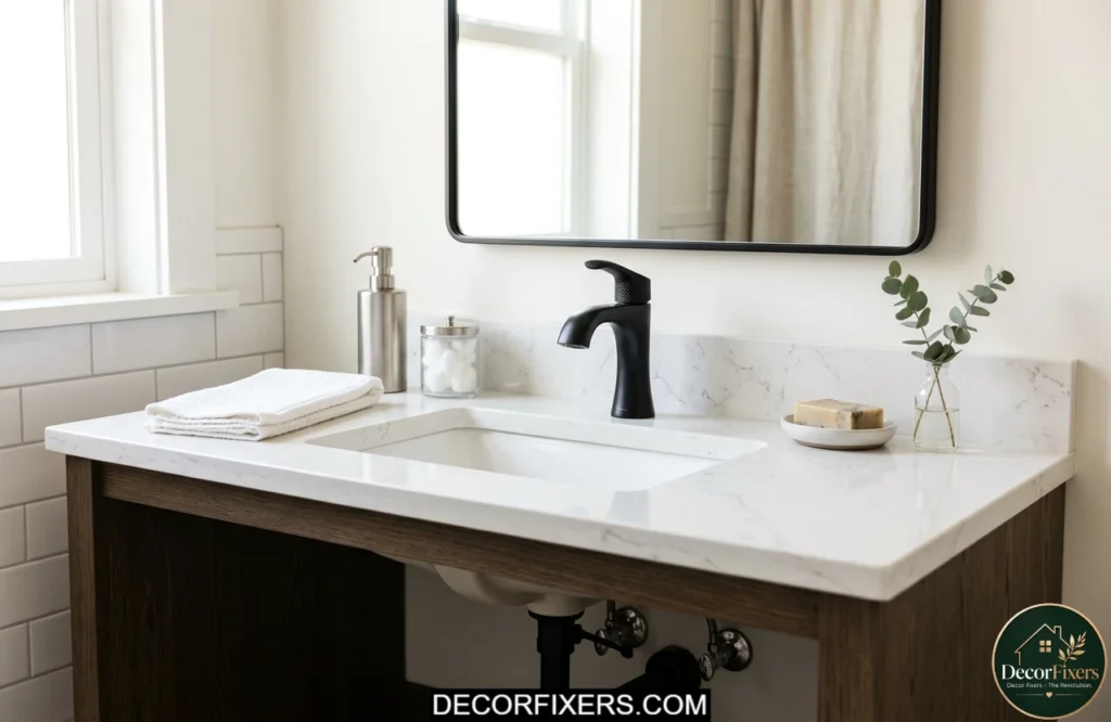 Modern matte black bathroom faucet upgrade on vanity sink
