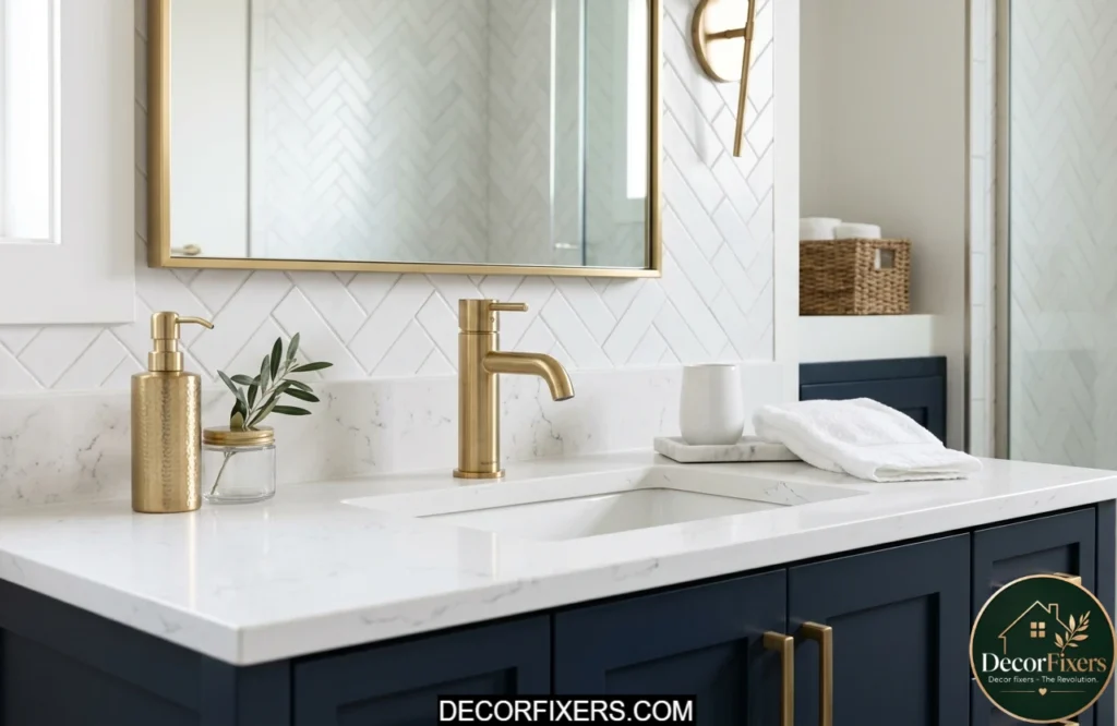 Brushed gold faucet upgrade modernizing a bathroom vanity sink area