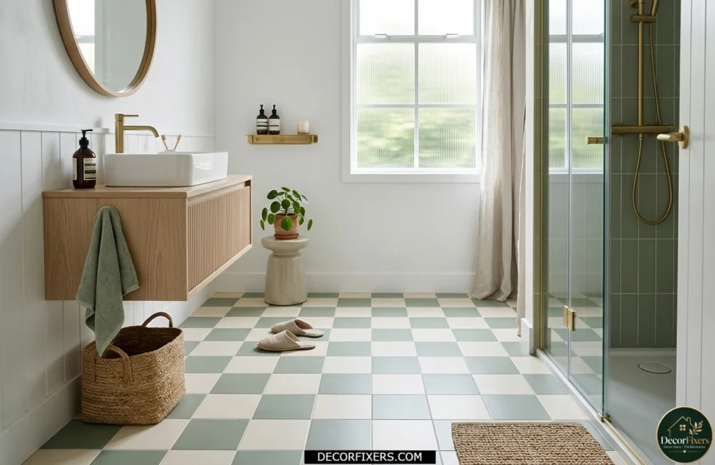 Sage green and cream checkerboard bathroom tile floor