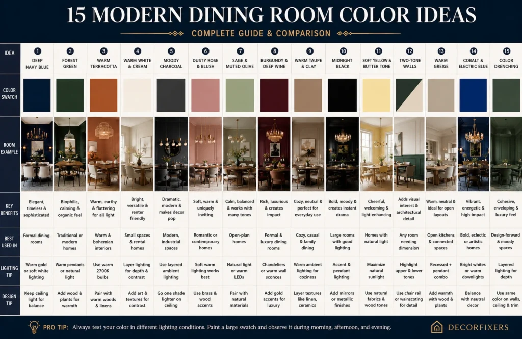 Modern dining room color ideas comparison infographic with color palettes benefits and room examples