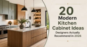 Modern kitchen featuring stylish wood and painted cabinets with text overlay saying 20 Modern Kitchen Cabinet Ideas Designers Actually Recommend in 2026
