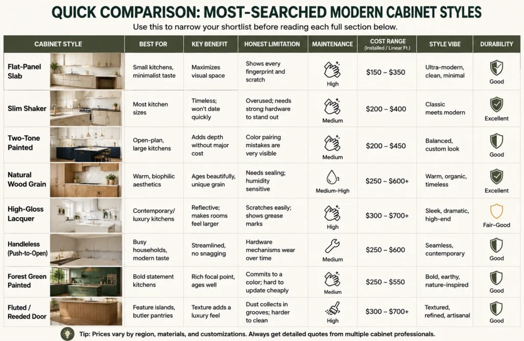 Comparison table showing modern kitchen cabinet styles, benefits, limitations, maintenance requirements, and cost ranges for homeowners planning a kitchen renovation.