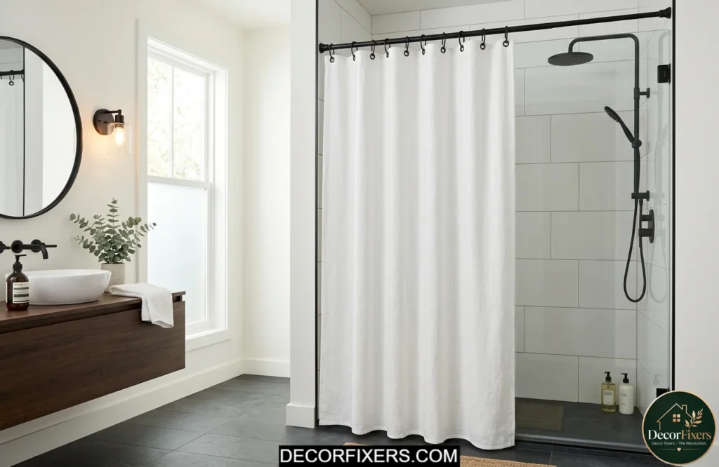 White linen shower curtain creating modern bathroom style