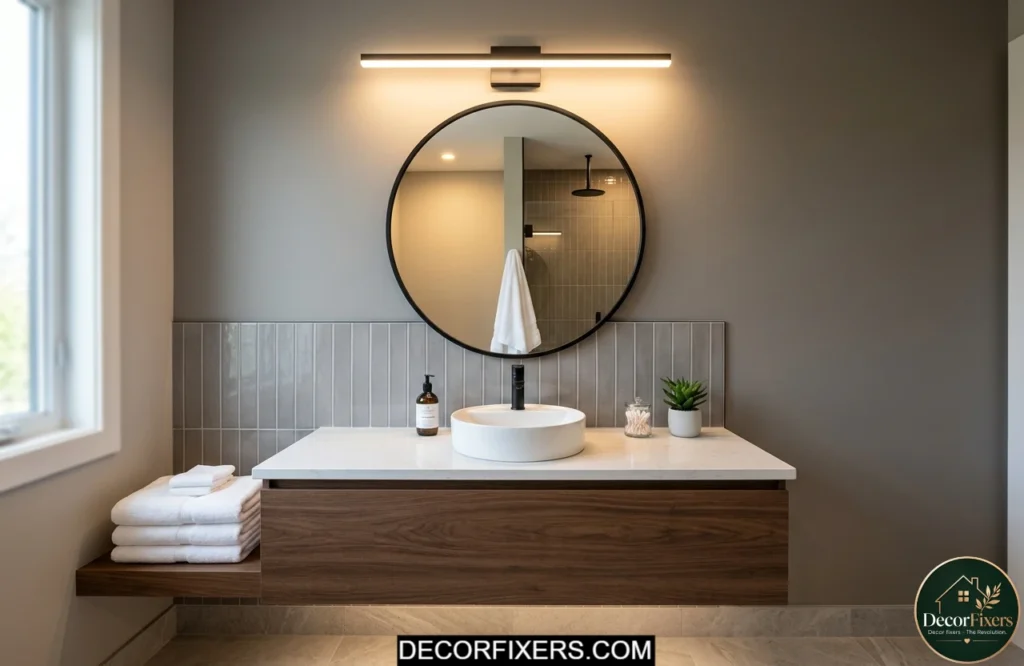 Modern vanity light fixture replacing outdated bathroom lighting
