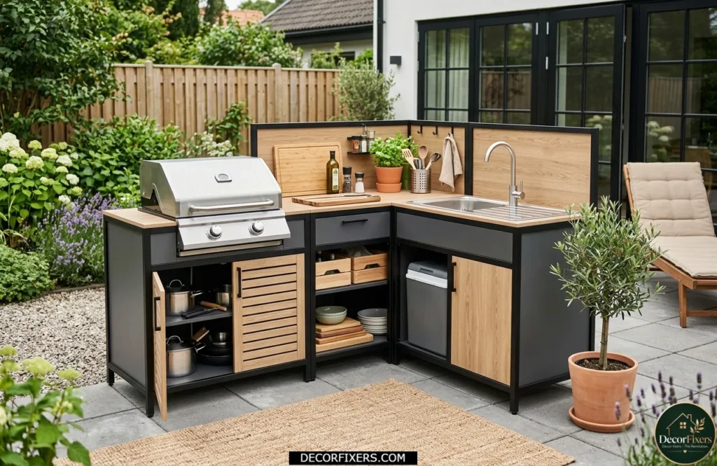 Modular flat-pack outdoor kitchen unit with grill and storage