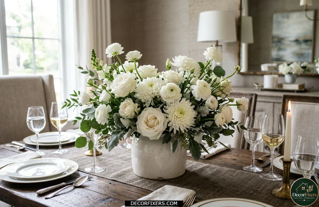 White monochromatic floral arrangement centerpiece with roses and ranunculus