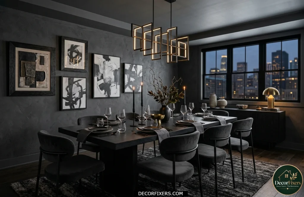 Moody charcoal dining room color idea with dramatic lighting and elegant styling