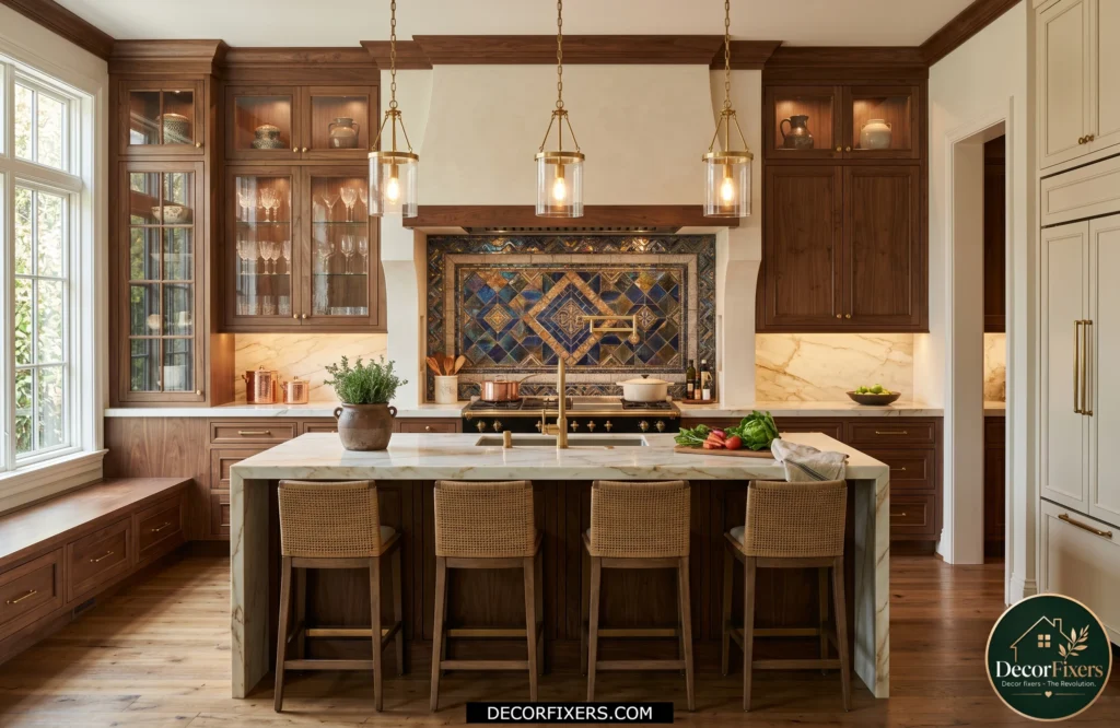 Decorative mosaic tile backsplash creating texture and visual depth behind the range.