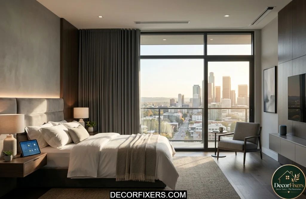 Motorized bedroom curtains integrated with a smart home system