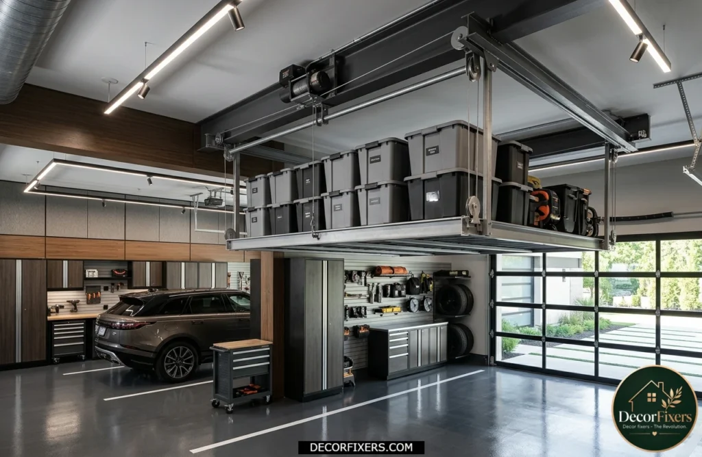 Motorized garage ceiling lift raising a storage platform filled with organized bins.