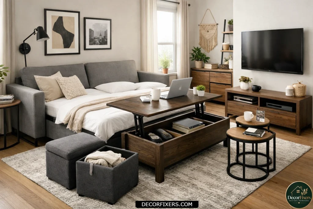 Small apartment living room featuring multifunctional furniture for space-saving and flexibility