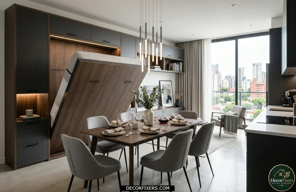 Murphy bed and dining table hybrid layout for multifunctional studio apartments