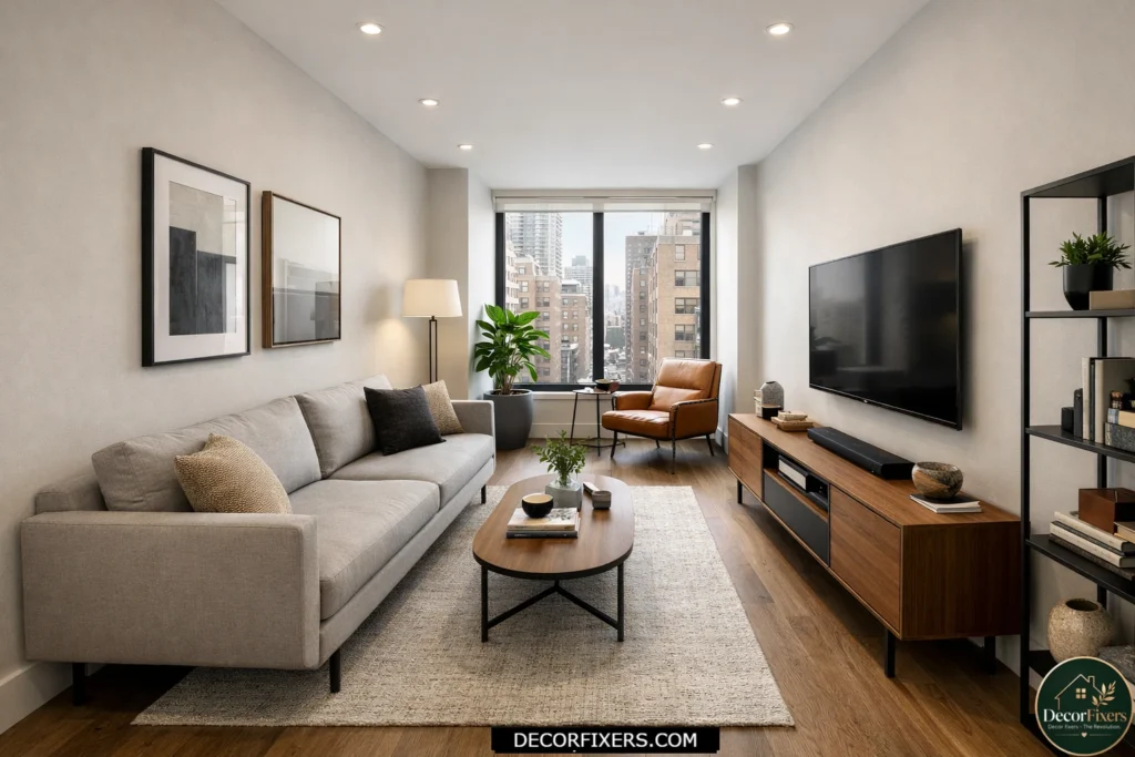 Furniture arrangement designed for a long narrow living room with improved flow