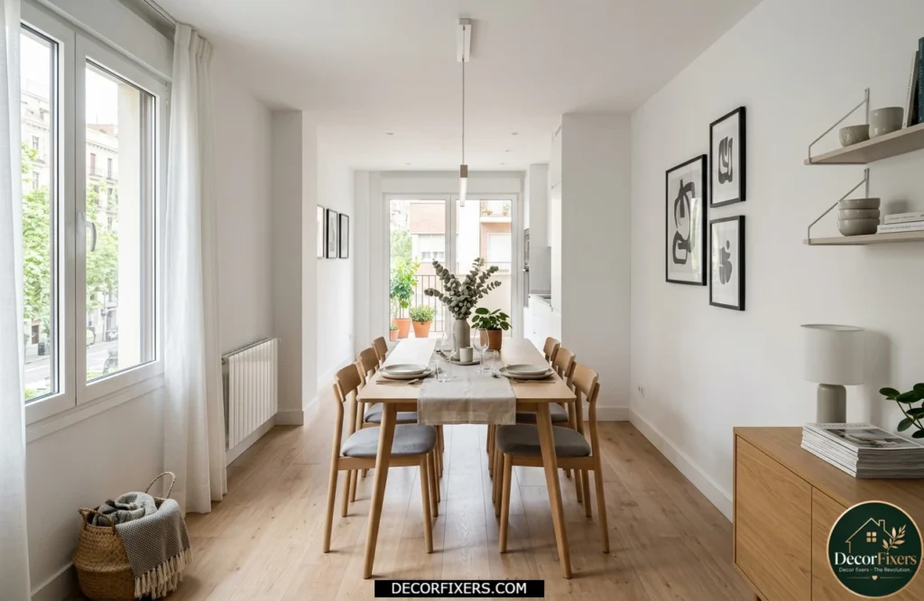 Narrow rectangular dining table in a galley-style dining room with armless chairs