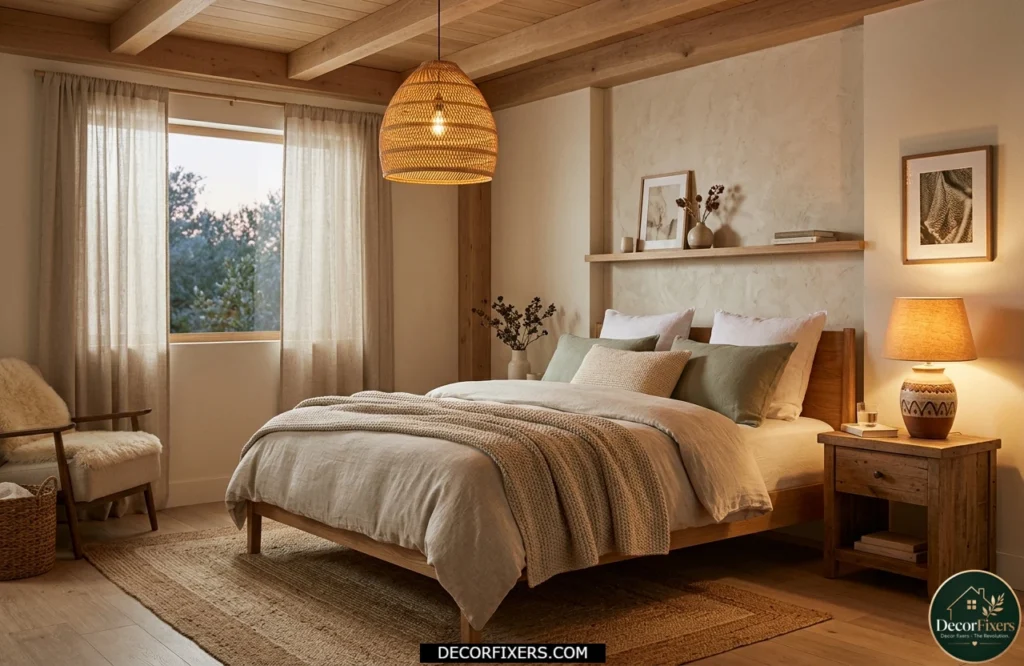 Warm lighting highlighting natural rattan, wood, and linen bedroom textures