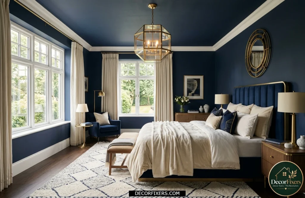 Luxury navy blue bedroom with cream bedding, white ceiling, and boutique hotel-inspired decor