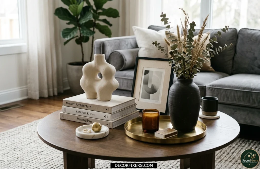 Layered coffee table decor creating depth and dimension