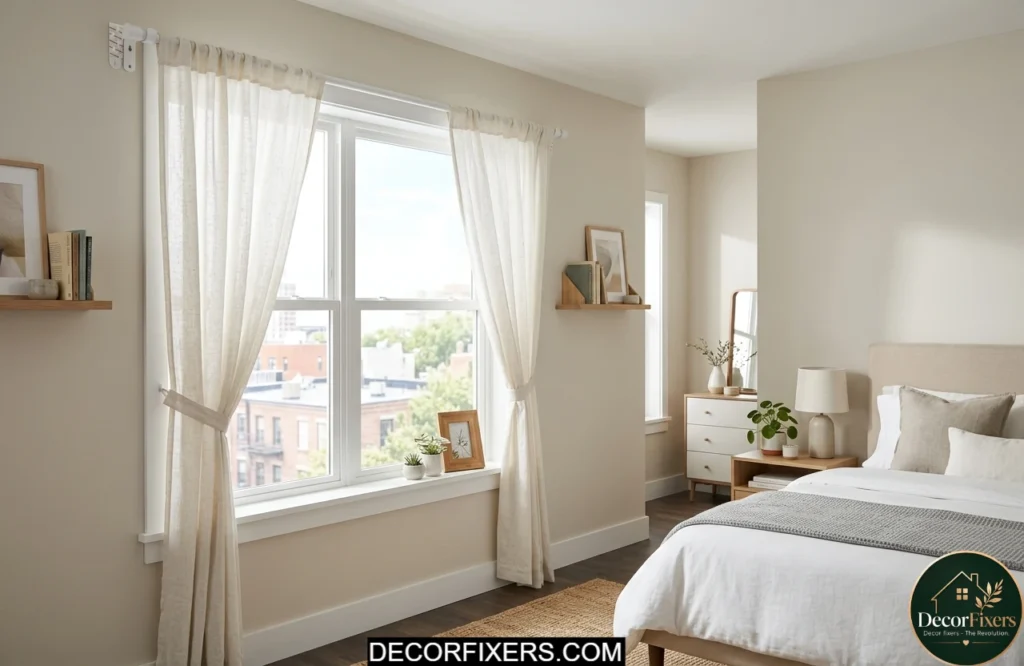 No-drill bedroom curtains installed with renter-friendly hardware