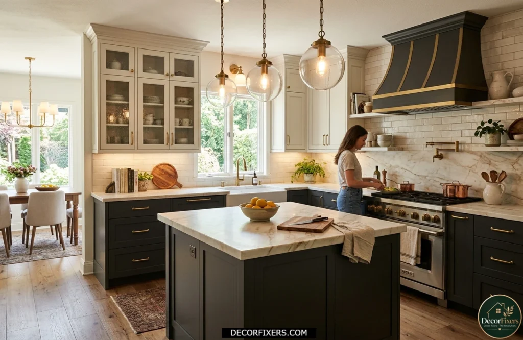 Off-white upper cabinets paired with dark grey lower cabinets in a sophisticated kitchen