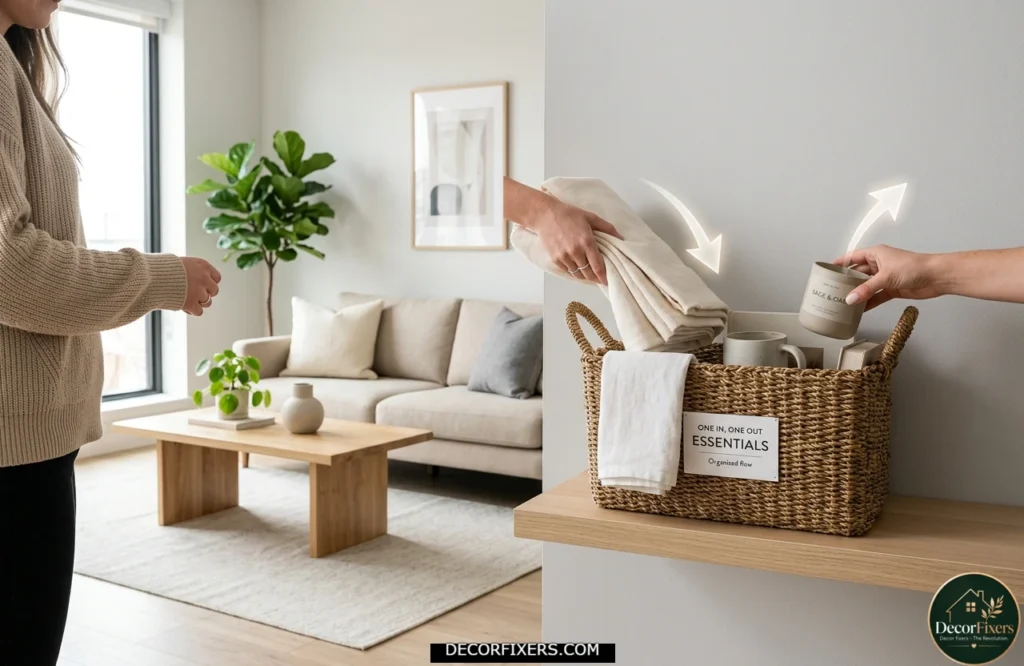 One-in-one-out basket organization system helping maintain a clutter-free living room
