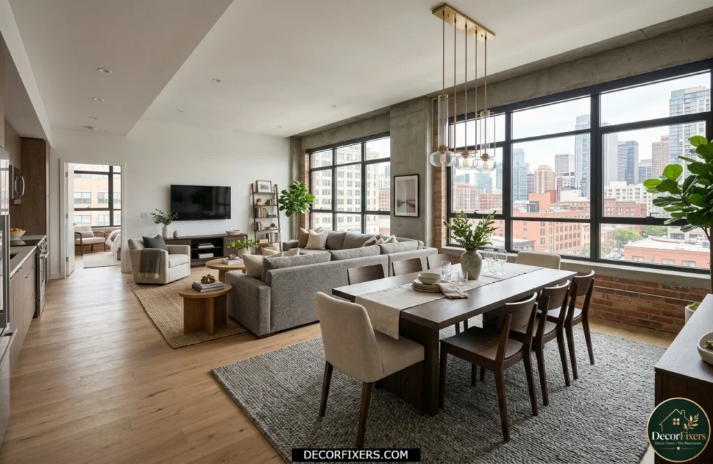 Open-plan dining zone defined with furniture placement rug and pendant lighting