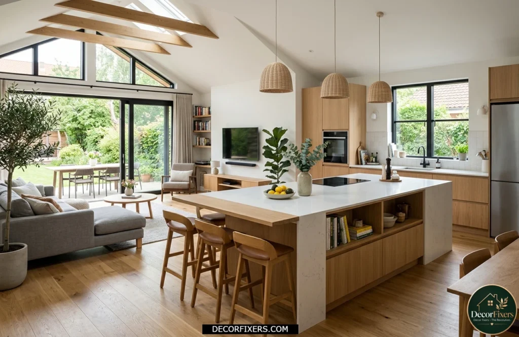 Large kitchen island connecting an open-plan kitchen, dining, and living area.