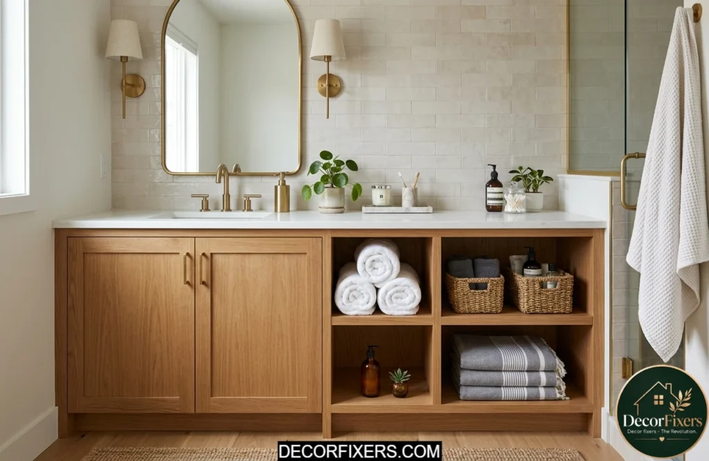 Bathroom vanity featuring open shelving with towels and baskets for added visual interest