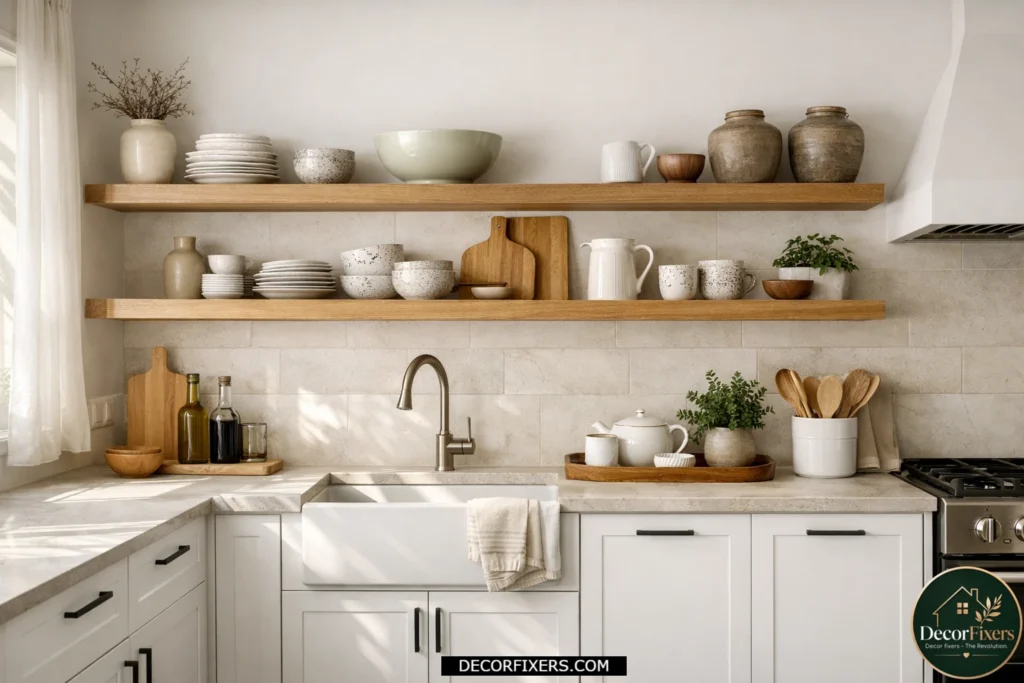 Modern kitchen combining open shelving and closed base cabinetry