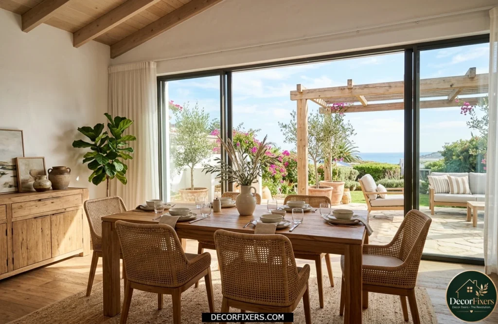 Teak rectangular dining table creating seamless indoor-outdoor flow near patio doors